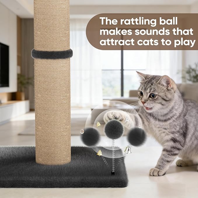 XiaZ Cat Scratching Post 34 Inches Tall, Cat Tower Scratcher Extra Wide 15.8" Stable Base with 2 Interactive Toy Balls, Premium Natural Sisal & Plush Fabric for Any Size Cats (Dark Gray, 4.5in)