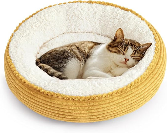 Love's cabin Round Donut Cat and Dog Cushion Bed, 20in Pet Bed for Cats or Small Dogs, Anti-Slip & Water-Resistant Bottom, Super Soft Durable Fabric Pet beds, Washable Luxury Bed Yellow Stripe