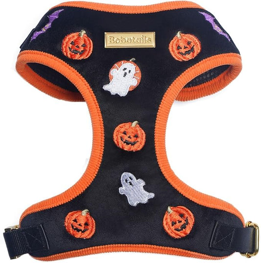 Halloween Velvet Dog Harness, No-Pull Design, Adjustable, XXS-Large, Black, Embroidered, Velvet & Corduroy, Machine-Washable (Black, M)