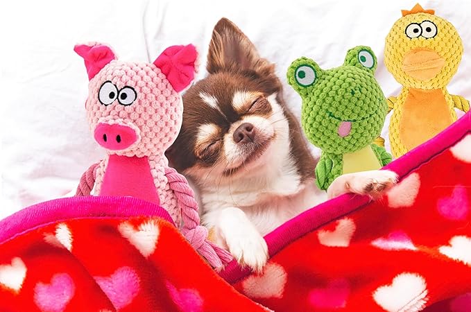 Plush Dog Toys, 3-Pack Variety Set with Squeaker, Crinkle Paper, Rope, Non-Toxic, Soft & Durable, Teething Puppy Toys- Farm Friends or Jungle Pals, 9.45 x 3.94 inches (Farm Friends)