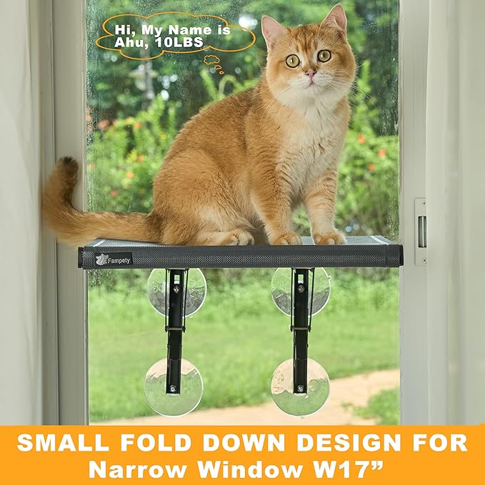 17" Small Cat Window Perch (1pc) for Narrow Space,Foldable,Cordless,Hold Up 60lbs,All Preassembled,4pc Extra Suction Cup,Sturdy Underneath Support,Textilene Seat Bed,Easy Clean,Quick Dry-Black