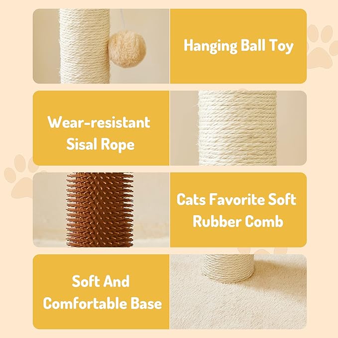 MeowHomm 32" Cat Scratching Post with Self Groomer Cat Brush, Sisal Rope Tall Cat Scratching Post with Soft Hanging Ball for Indoor Cats, Cat Claw Scratcher Covered with Soft Smooth Plush
