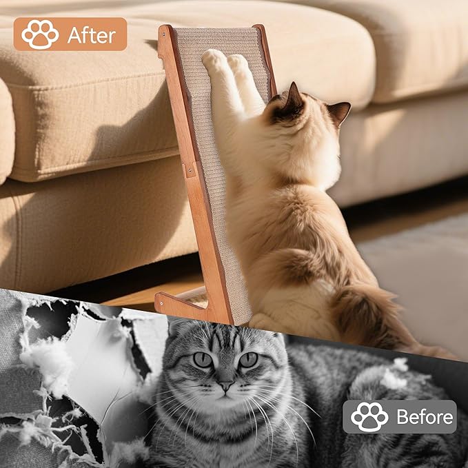 Extra-Larger-28.5" Sisal Cat Scratcher of L-Shaped Solid Wood Cat Scratching Post - Beechwood Base, Natural Sisal Woven Scratching Pad, Durable, Furniture Protector for Cats' Clawing and Play