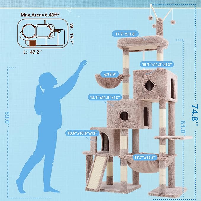 Hey-brother Cat Tree Tower, Scratching Posts with 3 Condos, Large Basket, Cozy Bed, Sisal Board, Step-by-Step Climbing Pathway and Toys, 74.8 inches Furniture for Big Indoor Cats, Muchroom MPJ081MU