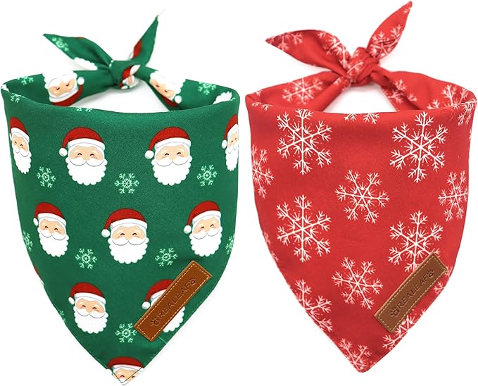 Realeaf Christmas Dog Bandanas 2 Pack, Snowflake and Santa Claus Dog Scarf for Boy and Girl, Premium Durable Fabric, Holiday Red and Green Bandana for Medium and Large Dogs Cats Pets (Large)