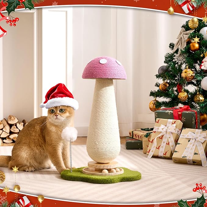 Mushroom Cat Scratching Post Cat Tree, 21.5‘’ H Cute Cat Scratcher Tower with Durable Solid Wood Turntable Toy, Baby Pink Mushroom Scratch Post Cat Sisal Scratcher with Catnip for Indoor Adult Cats