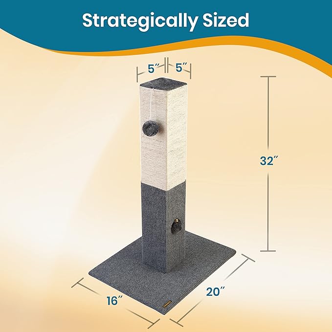 Pawbee 32" Cat Scratching Post with Jingle Bell and Softball, Sisal Rope Tower for Indoor Adults Large Cats, Gray & Beige