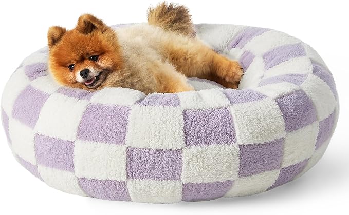 LE SURE Donut Small Dog Bed - Round Cat Beds Indoor Anti-Anxiety Calming Gift for Pets, Cute Modern Beds with Jacquard Shaggy Plush & Anti Slip Bottom, 23 Inch, Purple