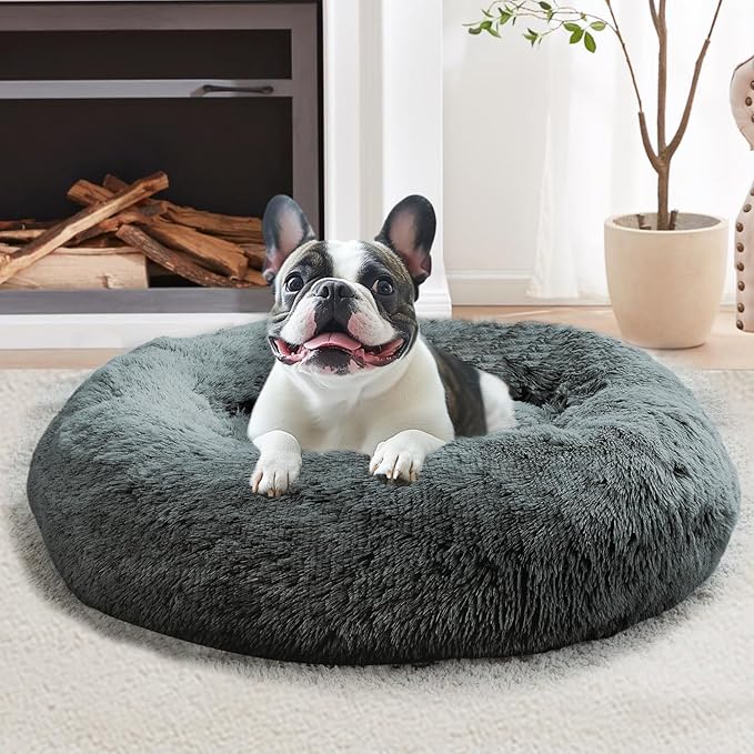 JOLLYVOGUE Calming Dog Bed Medium Size Dog, Anti-Anxiety Donut Medium Pet Bed, 27 inches Fluffy Faux Fur Round Cat Bed (Navy Grey)