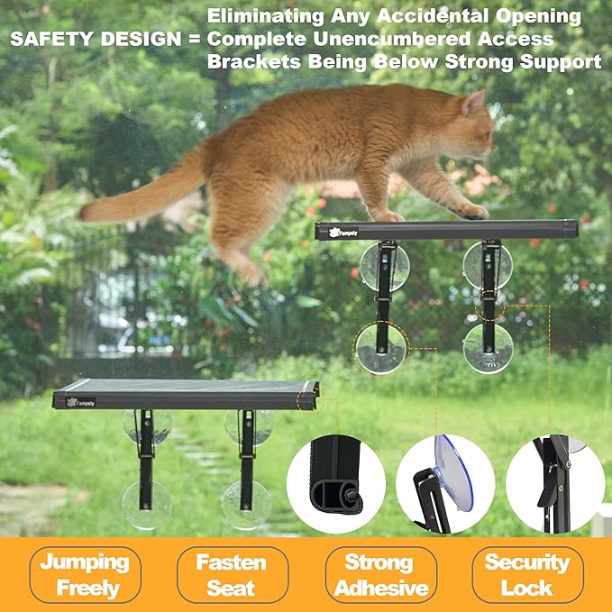 17" Small Cat Window Perch (1pc) for Narrow Space,Foldable,Cordless,Hold Up 60lbs,All Preassembled,4pc Extra Suction Cup,Sturdy Underneath Support,Textilene Seat Bed,Easy Clean,Quick Dry-Black