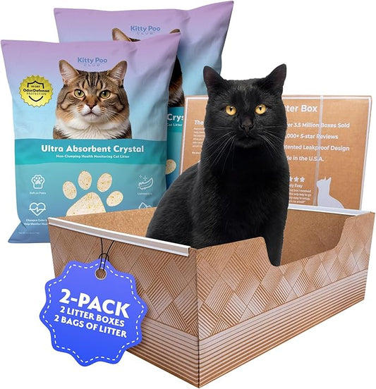 Kitty Poo Club Health Indicating Cat Litter 2-Bag Non-Clumping Lightweight with Disposable 2-Pack Cat Litter Box | Non Clumping, Super Absorbent Odor Control — Perfect for Daily Use