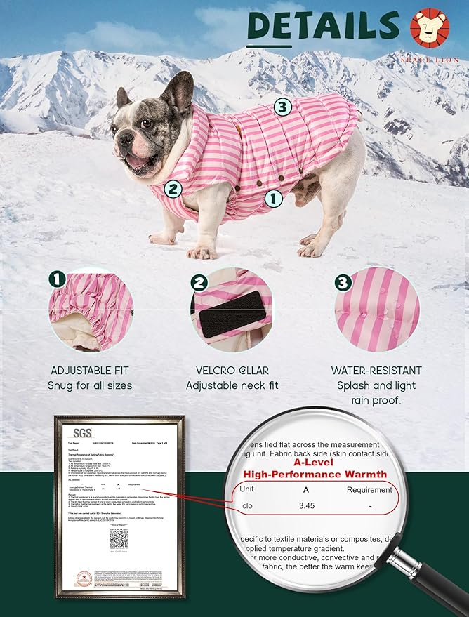 SPACE LION Dog Puffer Jacket, Down Winter Coat, Durable Outdoor Coat for Cold and Windy Conditions, Lightweight & Adjustable Fit Coats for Small Dogs, (Pink, Size10/S)