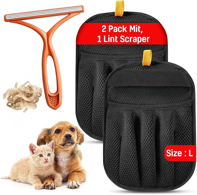 3 pcs Pet Hair Removal Glove for Dogs and Cats (2 Pack Mit, 1 Lint Scraper) - Electrostatic Fur Remover, Magic Brush Pet Hair Remover Tool for Laundry, Cloths, Carpet, Car Mats, Sofa & Bedding