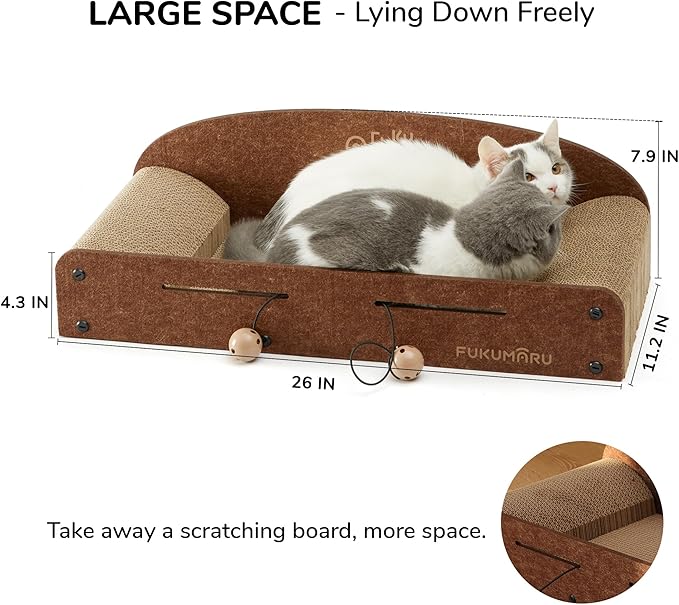 FUKUMARU 26 Inch Cat Scratcher Cardboard Lounge Bed, Durable Cat Scratcher Extra Large Lounger, 2 Reversible Cat Scratching Pads Refill for Indoor Cats, Cat Scratch Bed Cardboard Toy, Caramel Color