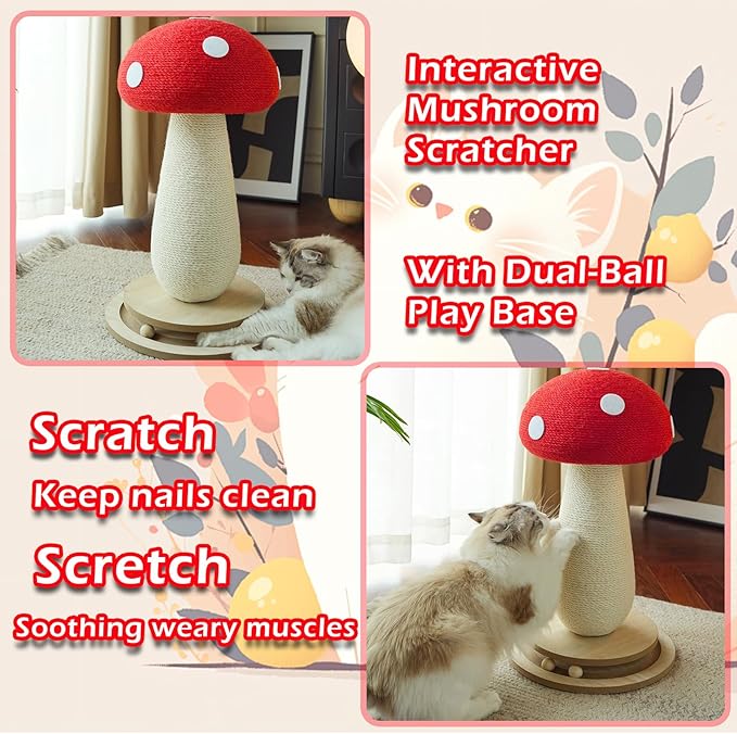 Mushroom Cat Scratching Post: 3-in-1 Sisal Scratcher with Bed & Ball - Sturdy Weighted Base, Space-Saving Design for Kittens & Cats