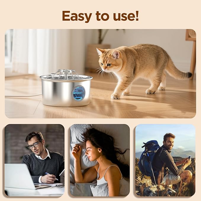 Cat Water Fountain Stainless Steel: 88oz/2.6L Pet Drinking Fountains with 6 Filters Water Bowl for Cats Inside with Flower Kitty Spout Dog Dispenser Animal Watering Supplies - Water Level Window