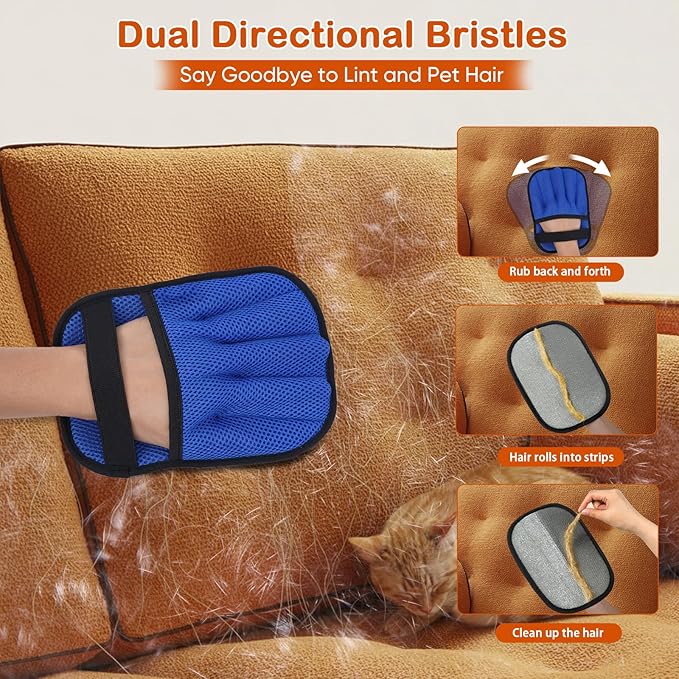 2Pcs Pet Hair Removal Gloves for Cats & Dogs: Upgraded Five-Finger Electrostatic Magic Brush | Reusable Pet Fur Remover Glove for Laundry, Couch, Carpet, Car Seats, Furniture & Clothing (Blue)