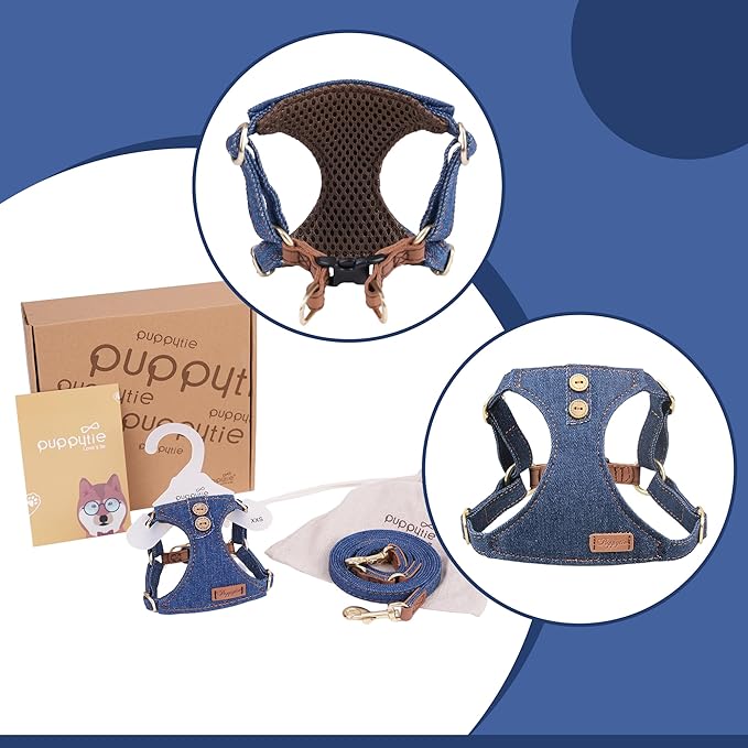 No Pull Small Dog Harness with Multifunction Dog Leash,Lightweight Soft Adjustable No Choke Escape Proof Pet Harness Vest Pet Harness Vest,Denim Blue,S