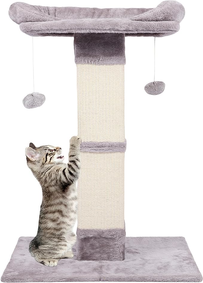 34" Tall Cat Scratching Post with Bed, Sisal Scratch Posts Trees with Plush Perch and Hanging Ball for Indoor Cats, Removable Cover, Large Scratch Post and Base, Rugged and Durable, Light Grey