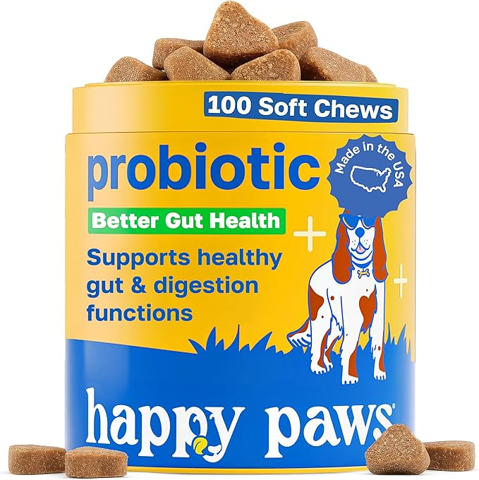 Happy Paws Probiotics for Dogs, Supplements for Gut, Skin, Coat & Immune Support for All Breeds & Ages, Made with Coconut Oil & Vitamin E, Vegan Chicken Flavor, Organic, Non GMO, 100 Soft Chews