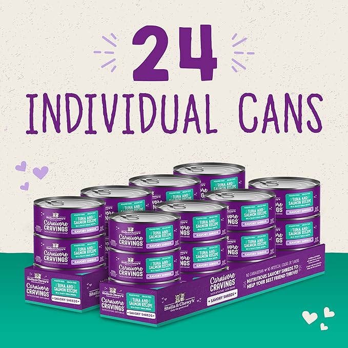Stella & Chewy's Carnivore Cravings Savory Shreds - Wet Cat Food - High-Moisture Formula with Premium Real Meat - Perfect for Picky Eaters - Tuna & Salmon Recipe, 5.2 oz, 24 Count