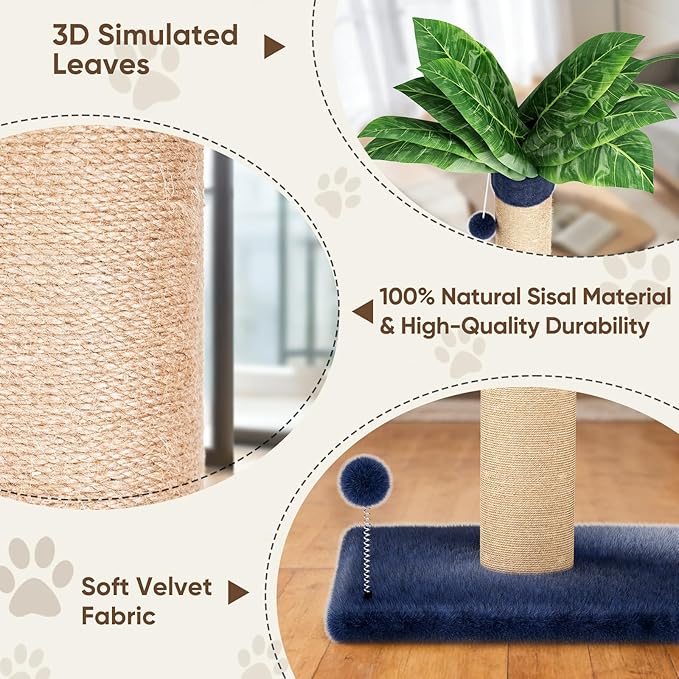 XiaZ Cat Scratching Post 34'' Tall, Cat Scratchers Tree Tower for Indoor Kitty with Extra Wide 15.8" Stable Base and 2 Toy Balls, Natural Sisal & Plush Fabric for Small, Medium Cats(Navy Blue, 2.8in)