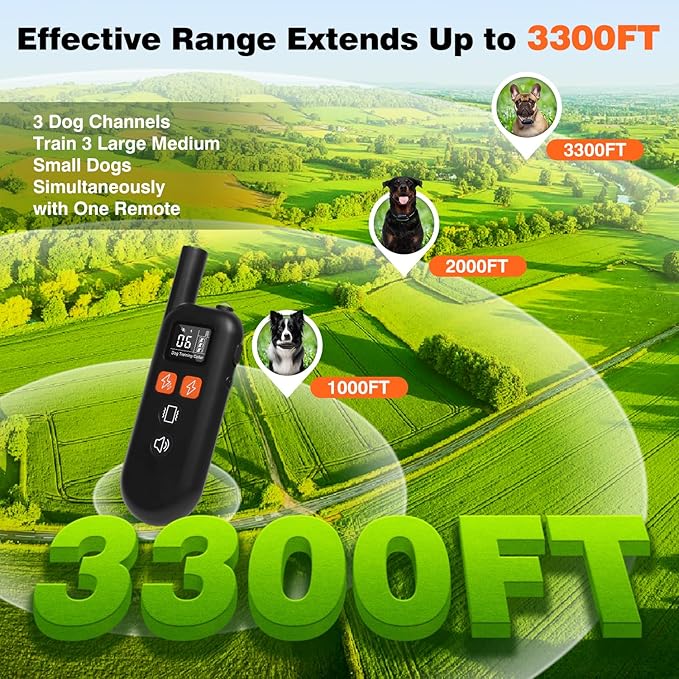 3 Dogs Shock Collar with Remote 3 Pack - 3300FT Dog Training Collar with Flashlight, Double Shock for Large/Stubborn Dogs, 4 Training Modes, IP67 Rechargeable E Collar for Small Medium Large Dogs