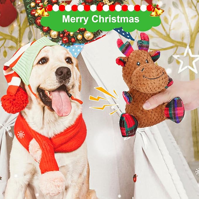 Christmas Dog Toys,2 Packs of Cute Santa Claus and Reindeer Shapes,Squeaky Plush Interactive Chew Pet Toys,Gifts for Small Medium and Large Dogs