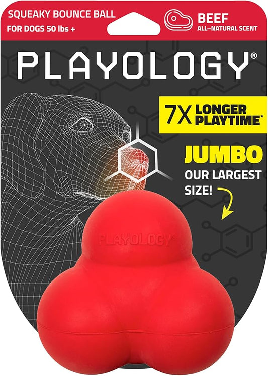 Playology Dog Toys | Squeaky Bounce Ball for Dogs - Bounces in Unpredictable Ways | Jumbo Beef Scented Toy - Easy to Clean and Made from Non Toxic Materials