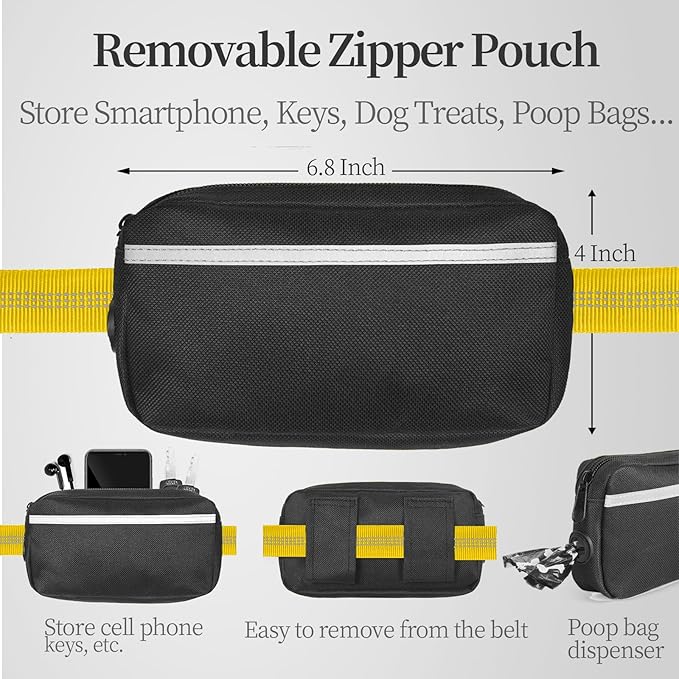 iYoShop Hands Free Dog Leash with Zipper Pouch, Dual Padded Handles and Durable Bungee for Walking, Jogging and Running Your Dog (Large, 25-120 lbs, Yellow)