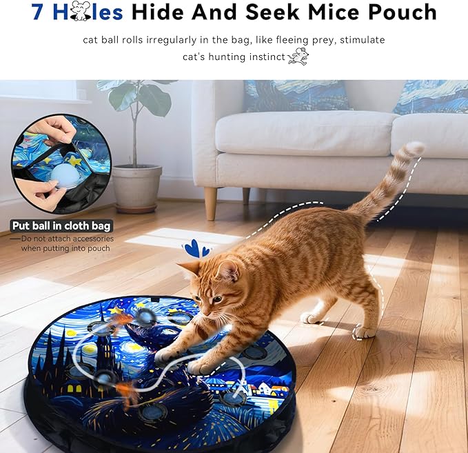 Interactive Cat Toy with Motion Activated Ball & 7-Hole Play Mat, Hide and Seek Exercise Game for Indoor Cats, Automatic Moving Cat Ball in Pouch, Rechargeable Kitten Toys
