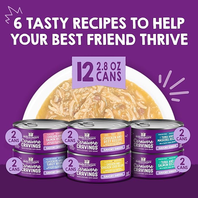 Stella & Chewy's Carnivore Cravings Savory Shreds - Wet Cat Food - High-Moisture Formula with Premium Real Meat - Perfect for Picky Eaters - Variety Pack, 2.8 oz, 24 Count