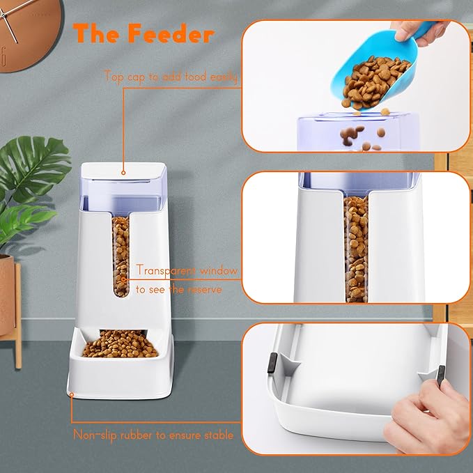 2 Packs Automatic Cat Feeder and Waterer, Gravity Dog Food and Water Dispenser Set for Small Medium Big Pets Cats Dogs Puppy Kitten, 1 Gallon x 2 (White)
