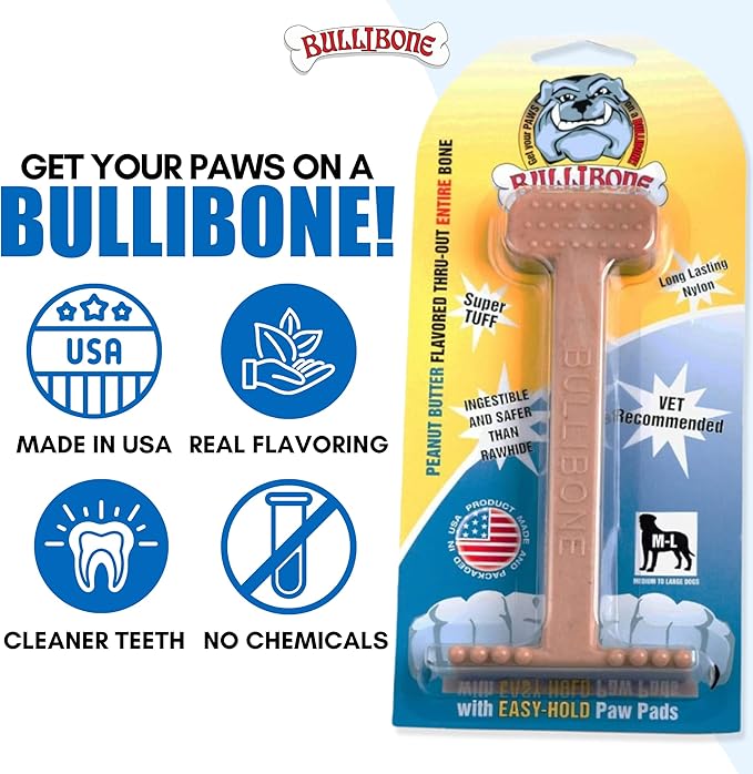 Bullibone Nylon Dog Chew Toy for Aggressive Chewers - Dental Hygiene Bone with Peanut Butter Flavor, Durable Tough Chew Toys for Extra Large Dogs, Indestructible Dog Bone - 2 Pack