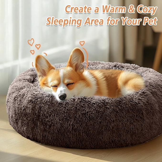 JOLLYVOGUE Calming Dog Bed Medium Size Dog, Anti-Anxiety Donut Medium Pet Bed, 31 inches Fluffy Faux Fur Round Cat Bed, Fits up to 45 lbs Pets