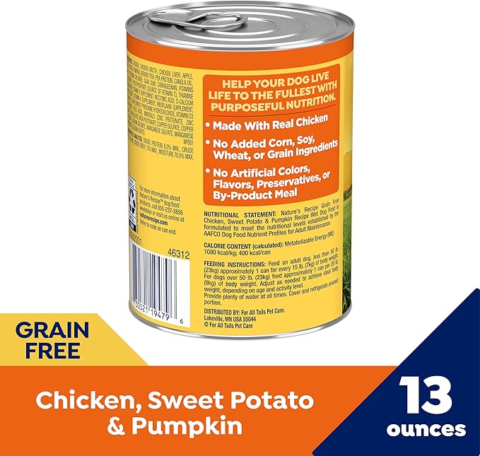 Nature’s Recipe Grain Free Wet Dog Food Chicken, Sweet Potato, and Pumpkin Recipe, 13 oz. Can (Pack of 12)