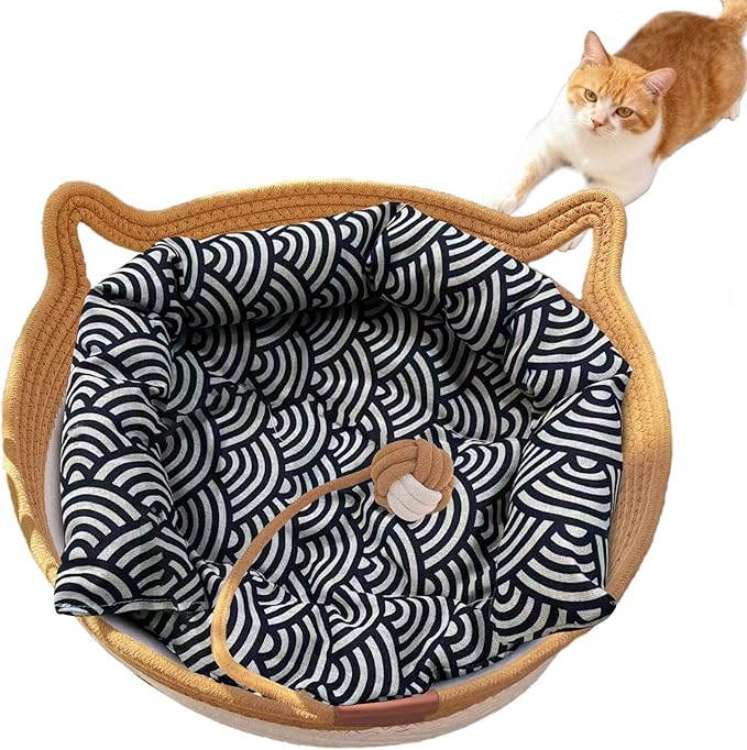 Instinct Basket, Stimulicat Cat Bed, Stimulicat Cat Bed Rope Cotton with Cushion, Eliminates Bed Rejection Round Pet Basket, Boho Catbed for Cats Handwoven Scratchable Breathable Weave (Large-A)