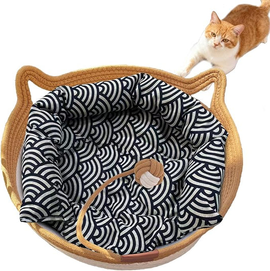 Instinct Basket, Stimulicat Cat Bed, Stimulicat Cat Bed Rope Cotton with Cushion, Eliminates Bed Rejection Round Pet Basket, Boho Catbed for Cats Handwoven Scratchable Breathable Weave (Small-B)