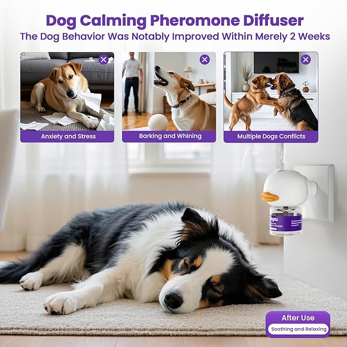 Dog Calming Diffuser, 4 in 1 Puppy Pheromones Calming Diffuser, Relaxing Pheromone for Dogs Relief Stress Anxiety Reduce Aggression Barking, Help Train Dog to Pee, 1 Diffuser 3 Refill(48ml)