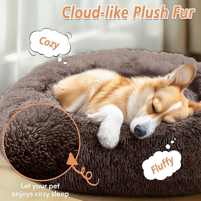 JOLLYVOGUE Calming Dog Bed Medium Size Dog, Anti-Anxiety Donut Medium Pet Bed, 31 inches Fluffy Faux Fur Round Cat Bed, Fits up to 45 lbs Pets