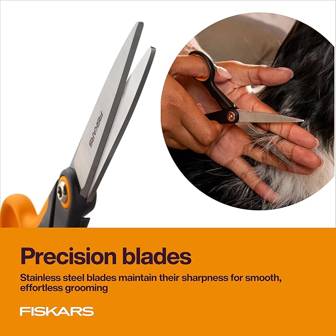 Fiskars Pet Trimming Scissors, Dog & Cat Grooming Scissors, Precision Stainless Steel Blades & SoftGrip™ Handle, Cat and Dog Supplies, 6.75”, Orange/Black