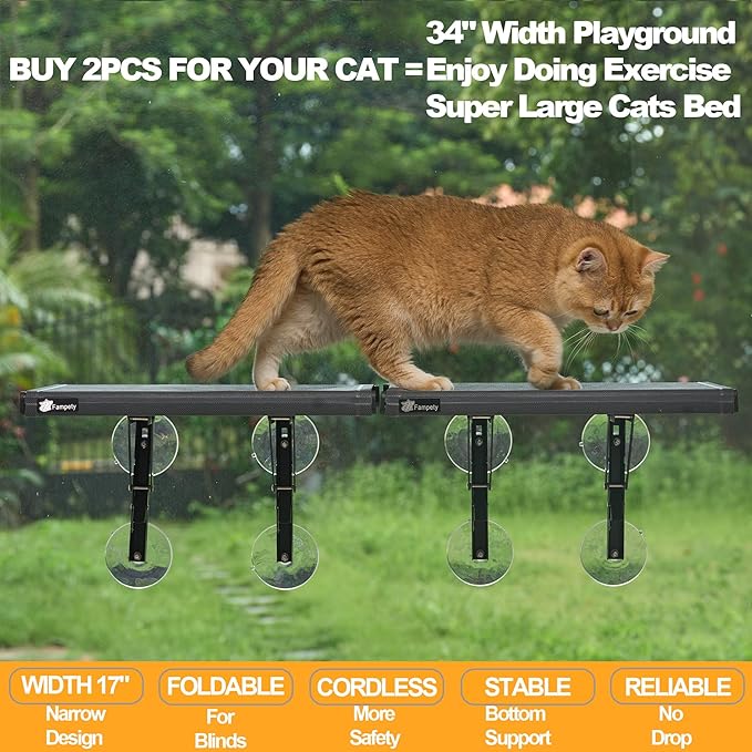 17" Small Cat Window Perch (1pc) for Narrow Space,Foldable,Cordless,Hold Up 60lbs,All Preassembled,4pc Extra Suction Cup,Sturdy Underneath Support,Textilene Seat Bed,Easy Clean,Quick Dry-Black