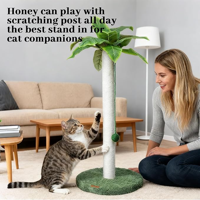 Meowoou Cat Scratching Post 33 Inch Tall Cat Scratcher for Indoor Cats Adults,Palm Tree Sisal Rope Kitten Scratch Tower with Interactive Hanging Ball White