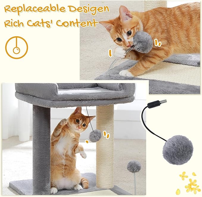 PAWZ Road Cat Scratching Post Bed, Small Cat Tree Tower with Cat Scratcher Pad Large Top Removable Bed with Play Ball Great for Kittens and Cats