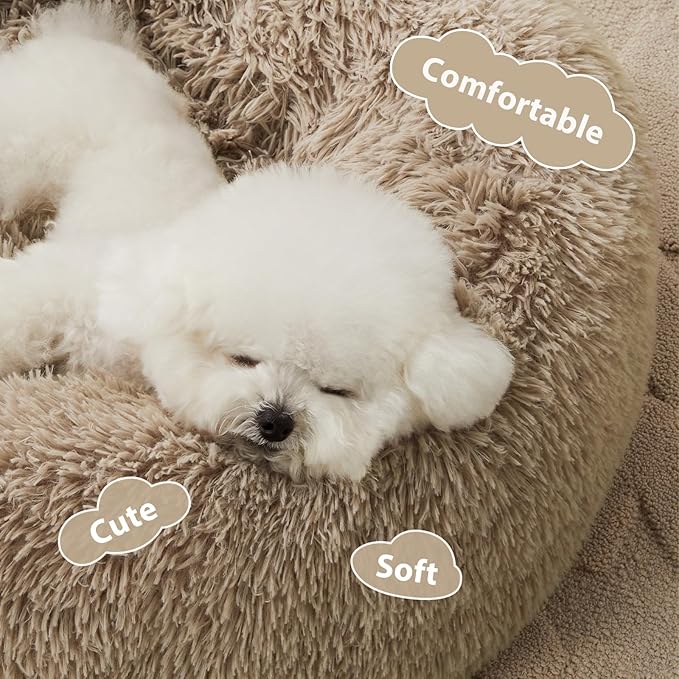 WNPETHOME Calming Dog Bed, Anti-Anxiety Donut Small Dog Bed, Fluffy Faux Fur Cat Cushion, 27 x 27 inch, Brown