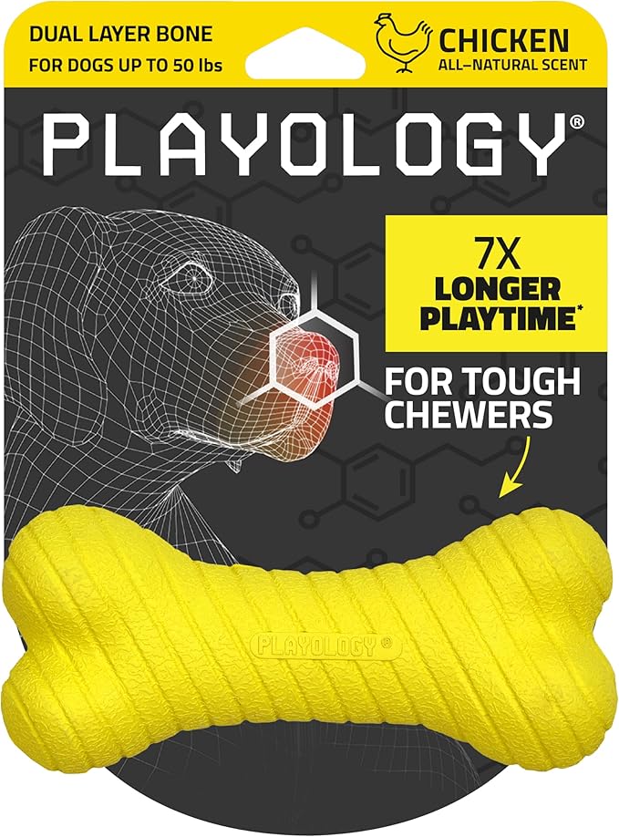 Playology Dog Toys | Dual Layer Bone Durable Chew Toy Bone for Dogs | Medium Chicken Scented Toy - Easy to Clean and Made from Non Toxic Materials