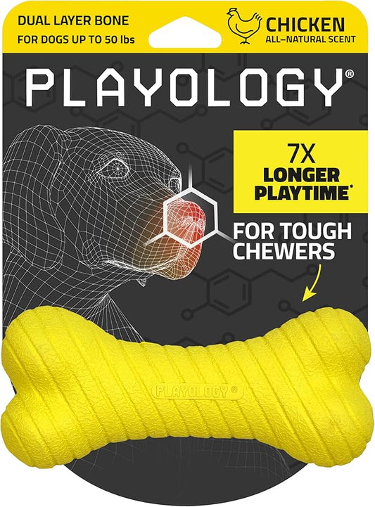Playology Dog Toys | Dual Layer Bone Durable Chew Toy Bone for Dogs | Medium Chicken Scented Toy - Easy to Clean and Made from Non Toxic Materials