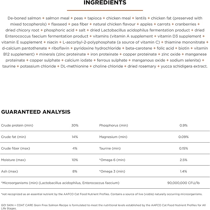Go! Solutions Skin + Coat Care Salmon Grain-Free Dry Cat Food, Chicken-Free, Healthy Kibble with Omega-3s & 6s for Soft, Shiny Fur, for Kittens, Adults, & Seniors, 16 lb Bag