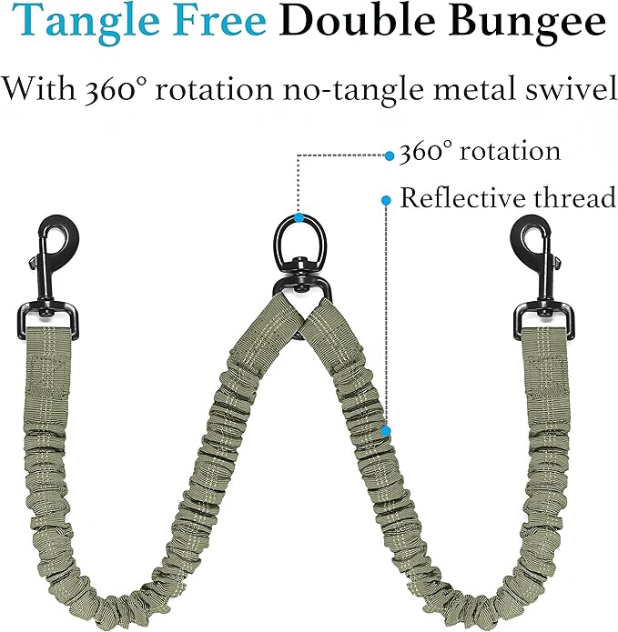 iYoShop Dual Dog Leash - 360° Swivel, No Tangle Walking Leash with Shock Absorbing Bungee for Two Dogs (Large, 25-150 lbs, Military Green)