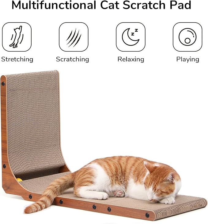 FUKUMARU Cat Scratcher, 26.8 Inch Cat Scratch Pad for Indoor Cats, L Shaped Cardboard Vertical Cats Scratching Board with Ball Toy, Walnut Color, 1 Pack